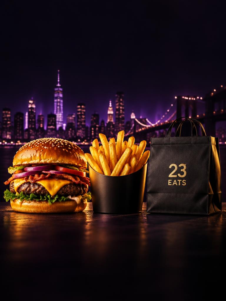 Burger, fries and black 23 Eats delivery bag